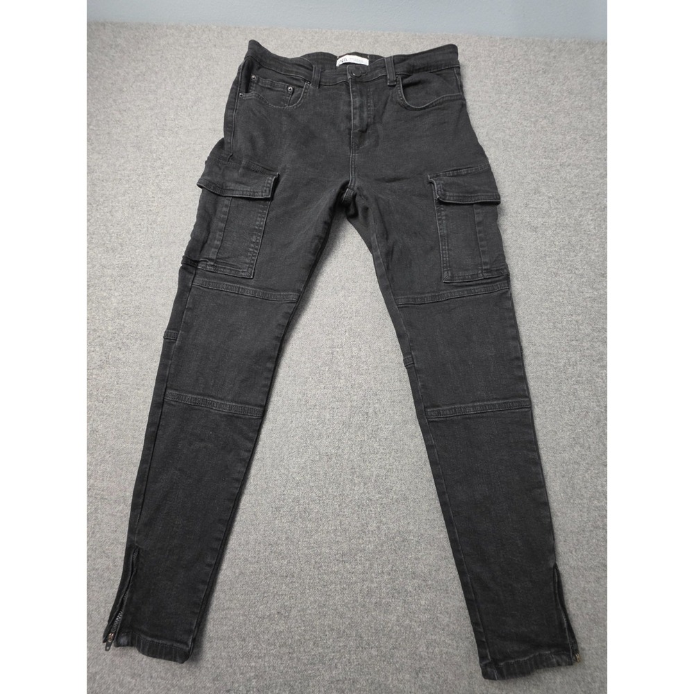 Zara Cargo Jeans Mens 34 Black Denim Stretch Utility Ankle Zip Slim Skinny Fit